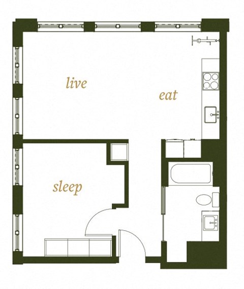 Floor plan for 1 bed, 1 bath, 607 sqft